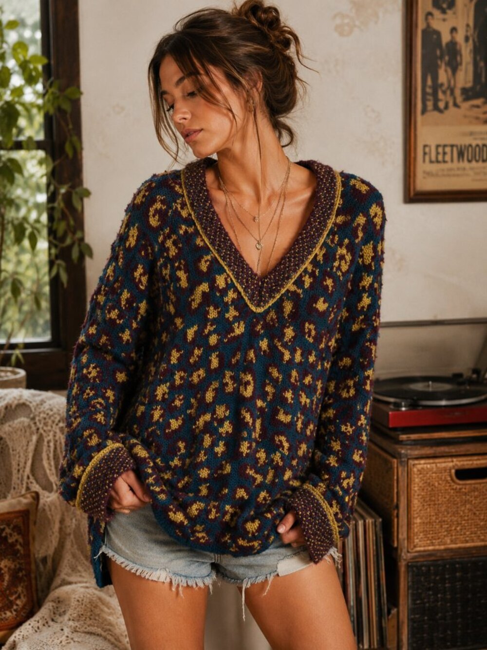 Free People Little Animal Pullover Small Oversized Boho Leopard Sweater